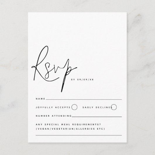 Minimalistisch zwart witscript bruiloft RSVP Briefkaart (Voorkant)
