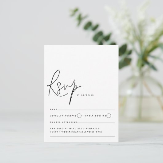 Minimalistisch zwart witscript bruiloft RSVP Briefkaart (Staand voorkant)