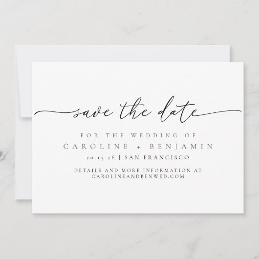 Minimalistisch zwart-witscript foto's save the date (Voorkant)