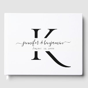 Minimalistisch zwart-witscript monogram bruiloften gastenboek