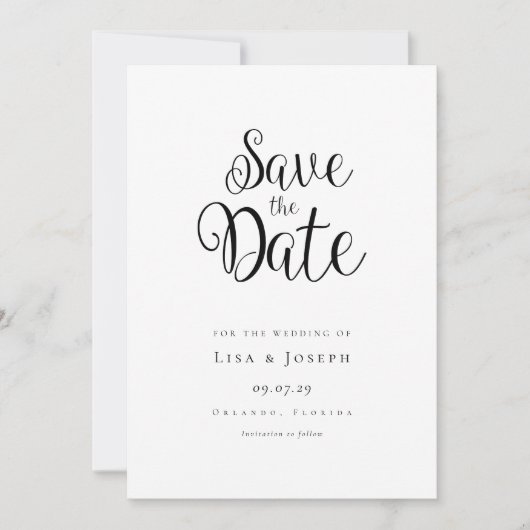 Minimalistisch zwart-witscript save the date (Voorkant)