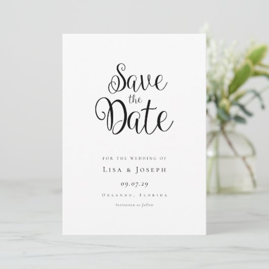 Minimalistisch zwart-witscript save the date (Staand voorkant)