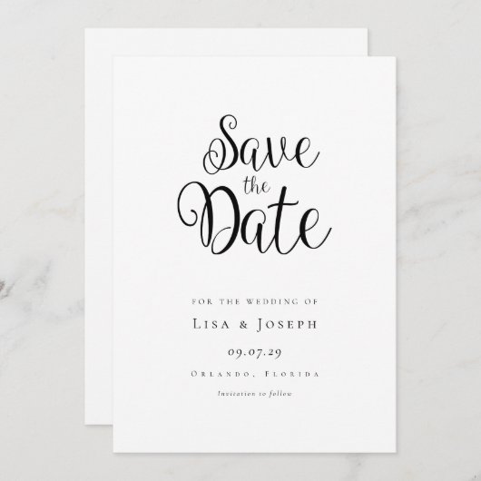 Minimalistisch zwart-witscript save the date (Voorkant / Achterkant)