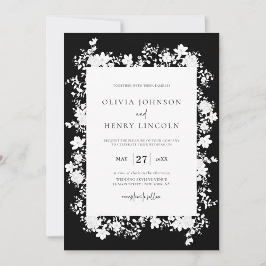 Minimalistisch zwart | Witte Bloemen Lijst bruilof Kaart (Voorkant)