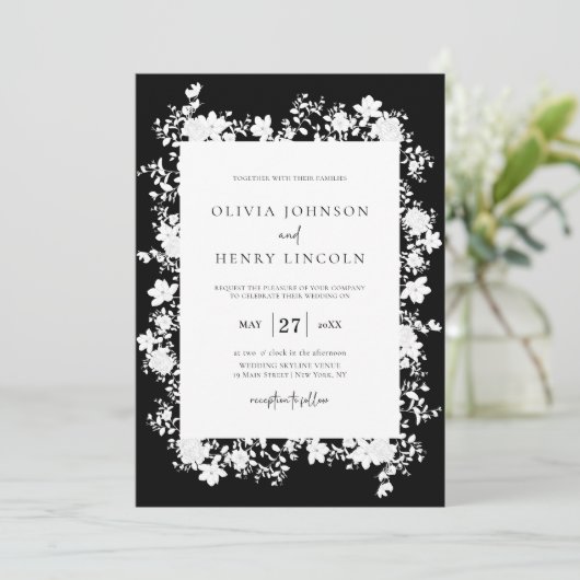 Minimalistisch zwart | Witte Bloemen Lijst bruilof Kaart (Staand voorkant)