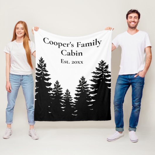 Minimalistisch zwart-witte denboomsilhouet fleece deken (In situ)