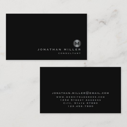 Minimalistisch zwart zilver monogram visitekaartje (Voorkant / Achterkant)