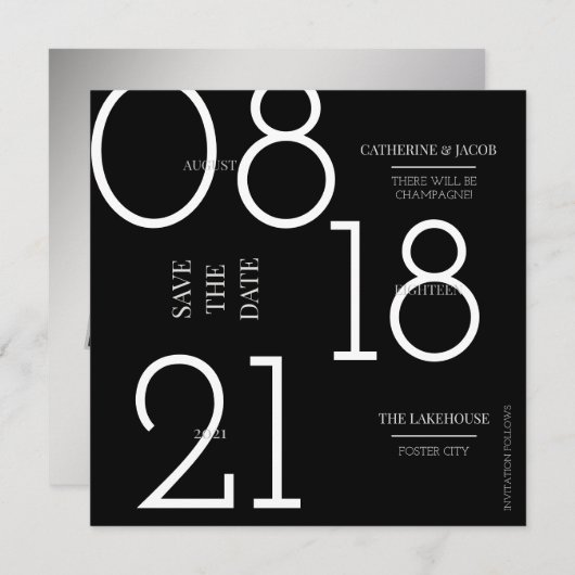 Minimalistisch zwart, zilverwitter save the date (Voorkant / Achterkant)