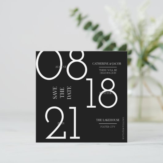 Minimalistisch zwart, zilverwitter save the date (Staand voorkant)