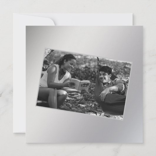 Minimalistisch zwart, zilverwitter save the date (Achterkant)