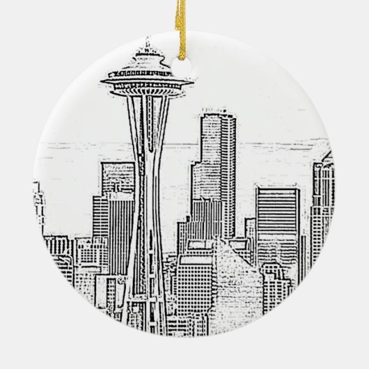 Minimalistisch zwarte en witte Seattle Skyline Keramisch Ornament (Achterkant)