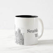 Minimalistisch zwarte en witte Seattle Skyline Tweekleurige Koffiemok (Voorkant rechts)
