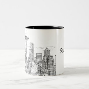 Minimalistisch zwarte en witte Seattle Skyline Tweekleurige Koffiemok