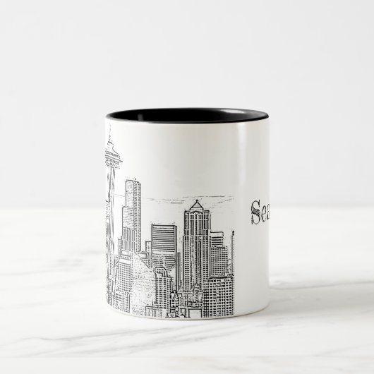 Minimalistisch zwarte en witte Seattle Skyline Tweekleurige Koffiemok (Center)