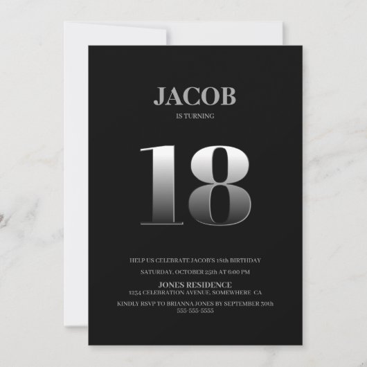 Minimalistisch zwarte en zilverkleurige 18e verjaa kaart (Voorkant)