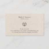 Minimalistisch zwarte justitie-Logo op beige linen Visitekaartje (Achterkant)
