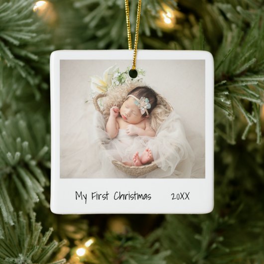 Minimalistisch zwarte witte eerste kerstfoto-Baby Keramisch Ornament (Boom)