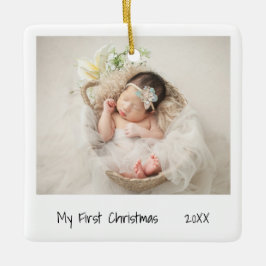 Minimalistisch zwarte witte eerste kerstfoto-Baby Keramisch Ornament