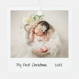 Minimalistisch zwarte witte eerste kerstfoto-Baby Metalen Ornament