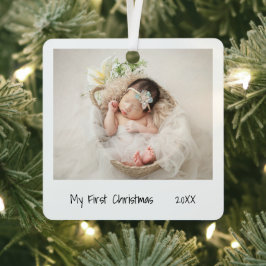 Minimalistisch zwarte witte eerste kerstfoto-Baby Metalen Ornament