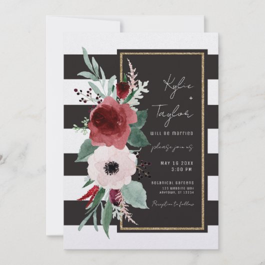 Minimalistisch zwarte witte streep Floral Magenta Kaart (Voorkant)