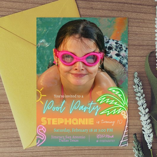 Minimalistisch zwembadfeest ontwerp met foto kaart