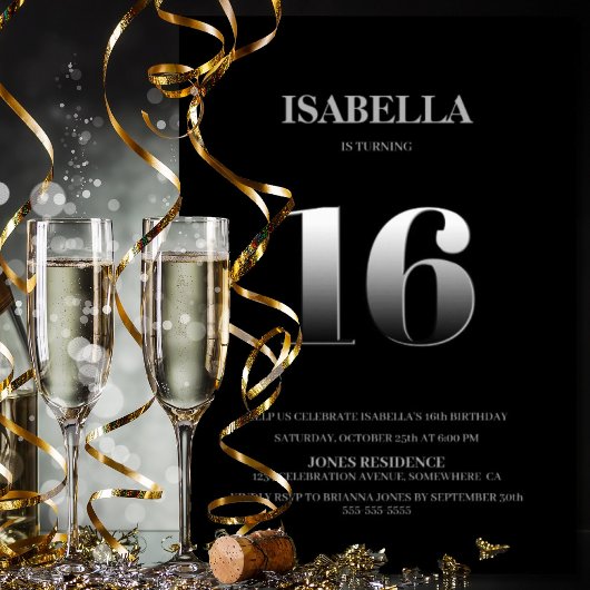 Minimalistische 16e verjaardag Black en Silver Kaart