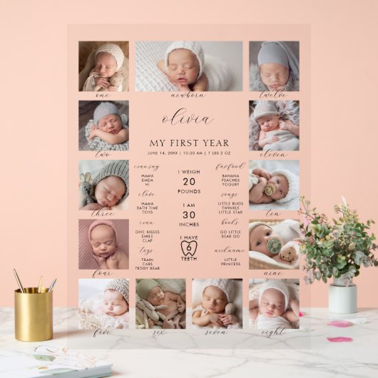 Minimalistische 1e verjaardag mijlpaal Fotocollage Acryl Bord (Huwelijk)
