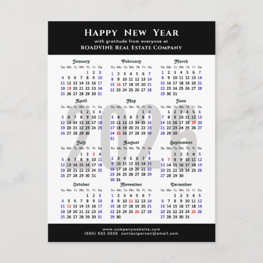 Minimalistische 2025 Kalender Modern Zwart Bedrijf Feestdagenkaart (Voorkant)