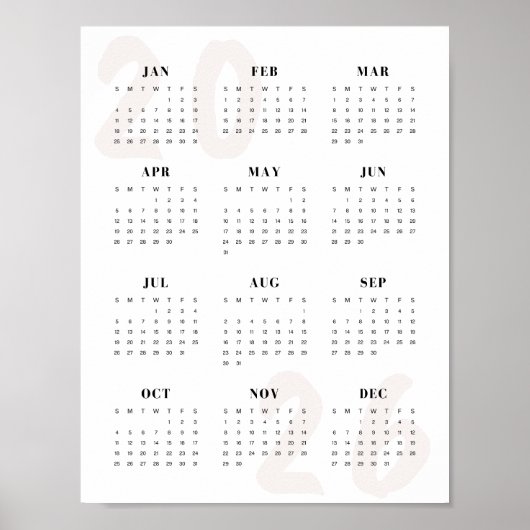 Minimalistische 2026 één-pagina kalender schoon mo poster (Voorkant)