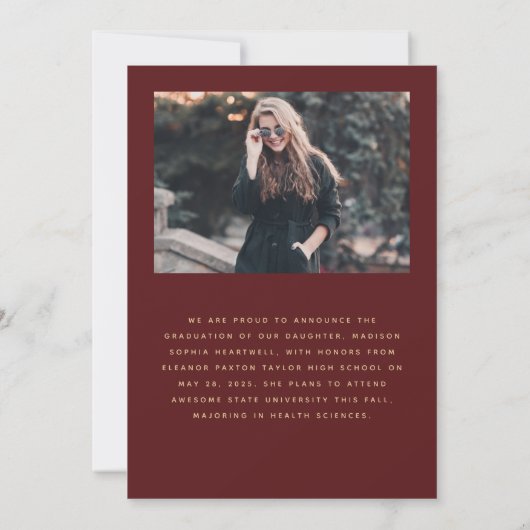 Minimalistische 2-foto boog Bourgogne Gold Afstude Aankondiging (Achterkant)