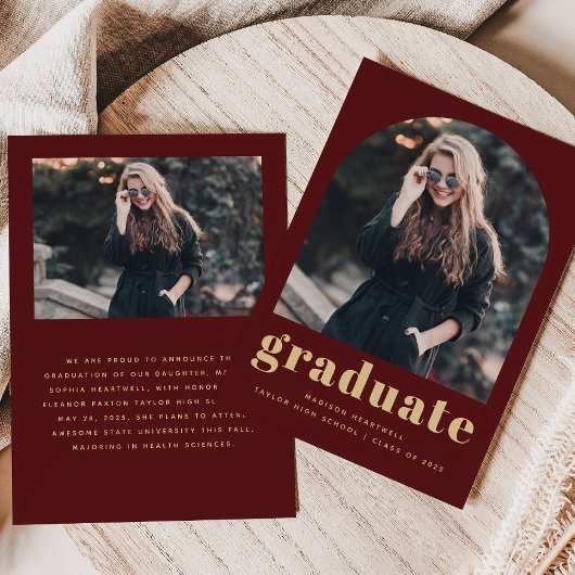 Minimalistische 2-foto boog Bourgogne Gold Afstude Aankondiging