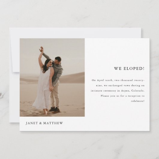 Minimalistische 2-foto Elopement bruiloft receptie Kaart (Voorkant)