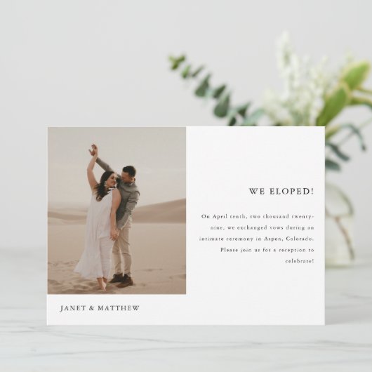Minimalistische 2-foto Elopement bruiloft receptie Kaart (Staand voorkant)