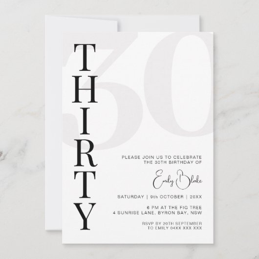 Minimalistische 30e verjaardag Party uitnodiging (Voorkant)