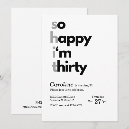 Minimalistische 30ste verjaardag uitnodiging dus b (Voorkant / Achterkant)