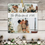Minimalistische 3 Familie Fotocollage Kerstmis Keramisch Ornament<br><div class="desc">Moderne Eenvoudige Elegante Kalligrafie Zwart Wit 3 Familie Fotocollage Vrolijk Kerstscript Keramisch Ornament. Dit feestelijke, minimalistische, grillige drie foto vakantie Ornament beschikt over een grid foto collage en familienaam en jaar! De familienaam is geschreven in een met de hand geletterd wervelend lettertypescript in zwart op een witte achtergrond. Op de...</div>