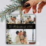 Minimalistische 3 Familie Fotocollage Kerstmis Keramisch Ornament<br><div class="desc">Moderne Eenvoudige Elegante Kalligrafie Zwart Goud 3 Familie Fotocollage Vrolijk Kerstscript Keramisch Ornament. Dit feestelijke, minimalistische, grillige drie foto vakantie Ornament beschikt over een grid foto collage en familienaam en jaar. De familienaam is geschreven in een met de hand geletterd wervelend lettertypescript in goud op een zwarte achtergrond. Op de...</div>