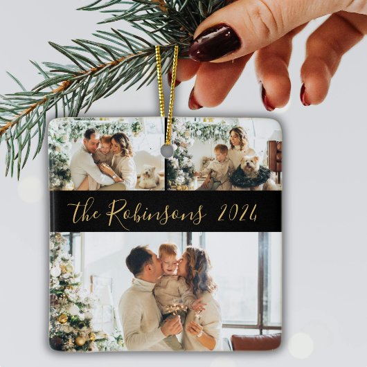 Minimalistische 3 Familie Fotocollage Kerstmis Keramisch Ornament