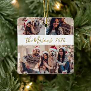 Minimalistische 3 Familie Fotocollage Kerstmis Keramisch Ornament