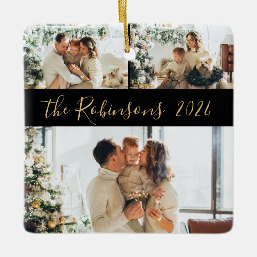 Minimalistische 3 Familie Fotocollage Kerstmis Keramisch Ornament (Voorkant)