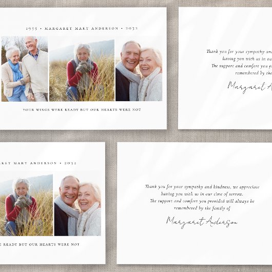 Minimalistische 3 foto begrafenis sympathie bedankkaart