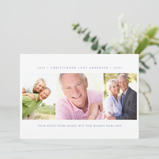 Minimalistische 3 foto begrafenis sympathie bedankkaart (Staand voorkant)