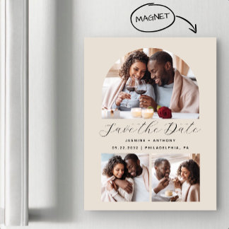 Minimalistische 3-foto boog beige magnetische uitnodiging