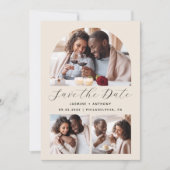 Minimalistische 3-foto boog QR-code beige Save The Date (Voorkant)