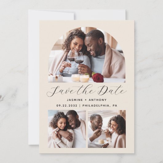 Minimalistische 3-foto boog QR-code beige Save The Date (Voorkant)