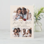 Minimalistische 3-foto boog QR-code beige Save The Date (Staand voorkant)