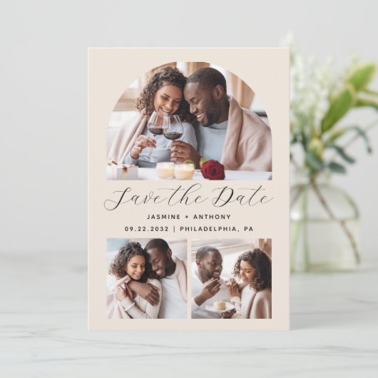 Minimalistische 3-foto boog QR-code beige Save The Date (Staand voorkant)