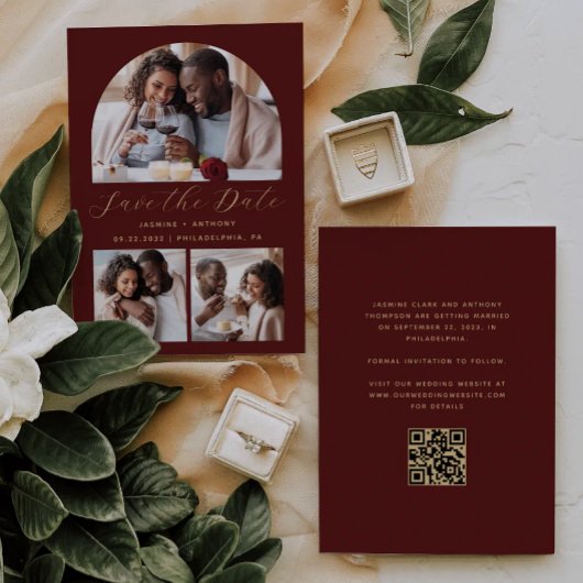 Minimalistische 3-foto-boog QR-code bordeauxrood g Save The Date