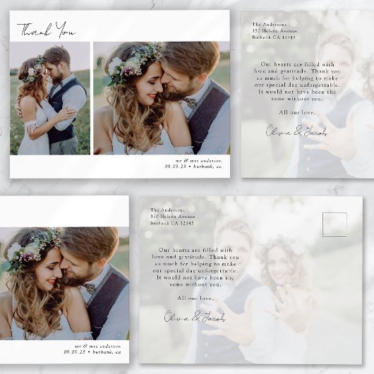 Minimalistische 3 Foto Calligrafie Huwelijks Dankj Briefkaart